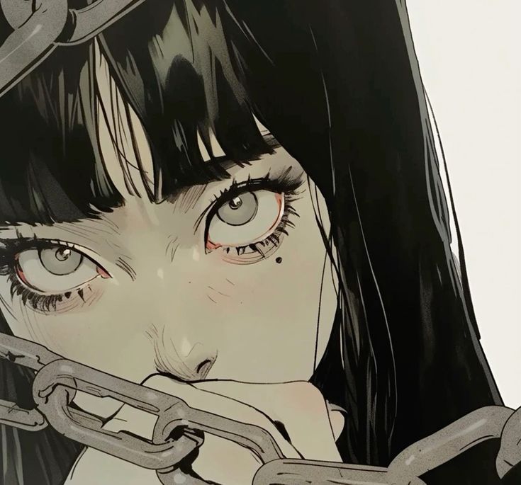 he image is a closeup illustration of an animestyle girl with long, black hair that covers most of her face.  her eyes are large and expressive, conveying a sense of sadness, worry, or perhaps even fear.  she appears to be restrained or trapped, as a heavy chain is visible across the lower portion of the image, resting against her chin and hands. the art style is detailed and emotive, predominantly in grayscale with subtle hints of warmer tones in the girl's skin. the overall mood is dark and slightly melancholic.