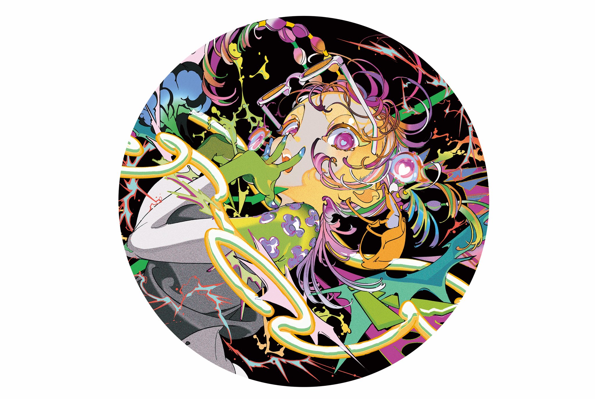 a circular digital illustration featuring a stylized woman with exaggerated features and vibrant colors. she is surrounded by abstract shapes, lines, and patterns, creating a sense of energy and movement. the artwork incorporates elements of pop art, fashion illustration, and graphic design, resulting in a bold and visually striking composition.