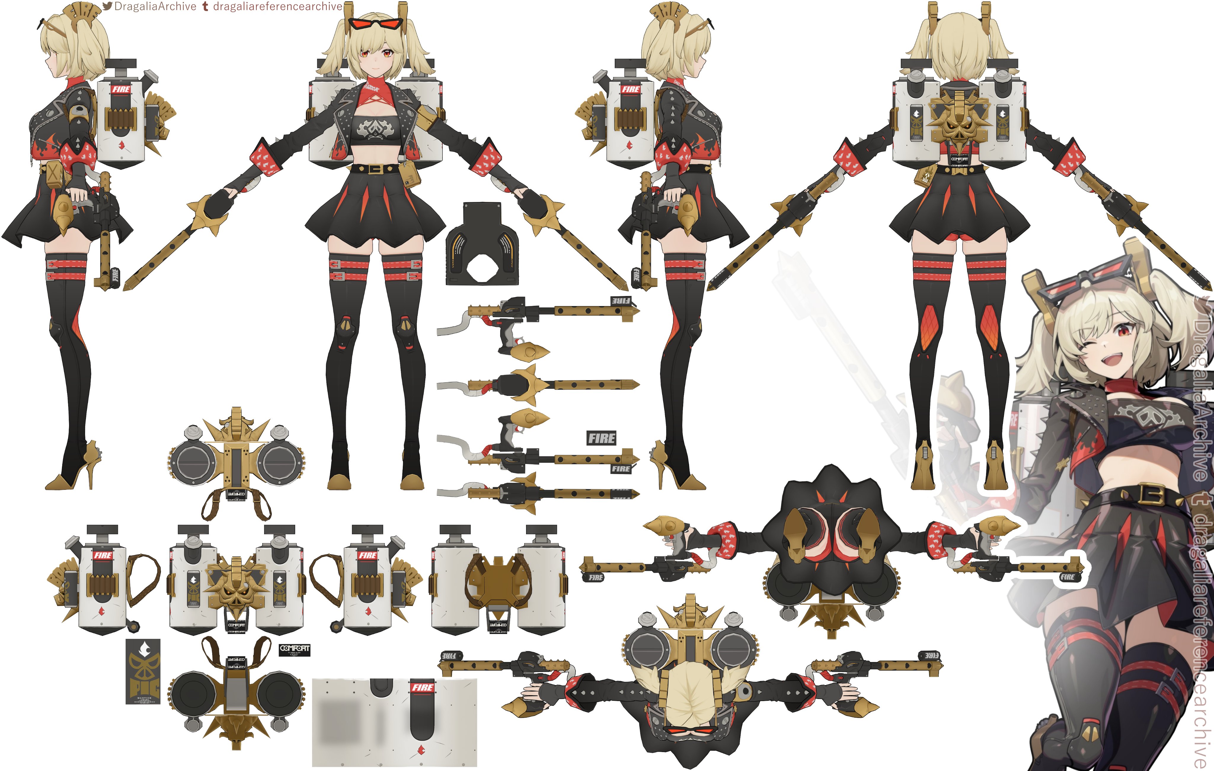 this image is a detailed character design sheet for a female character from the game dragalia lost. it includes multiple views of the character (front, back, side),  detailed breakdowns of her outfit and accessories, and various views and exploded diagrams of her weaponry which have a steampunk/mecha aesthetic.  the style is animeinfluenced, with vibrant colors and a focus on detailed rendering of clothing textures and mechanical components. the sheet likely serves as a reference for 3d modelers or animators working on the game.  a smaller, more dynamic pose of the character is also included, showing her full character and expressiveness.