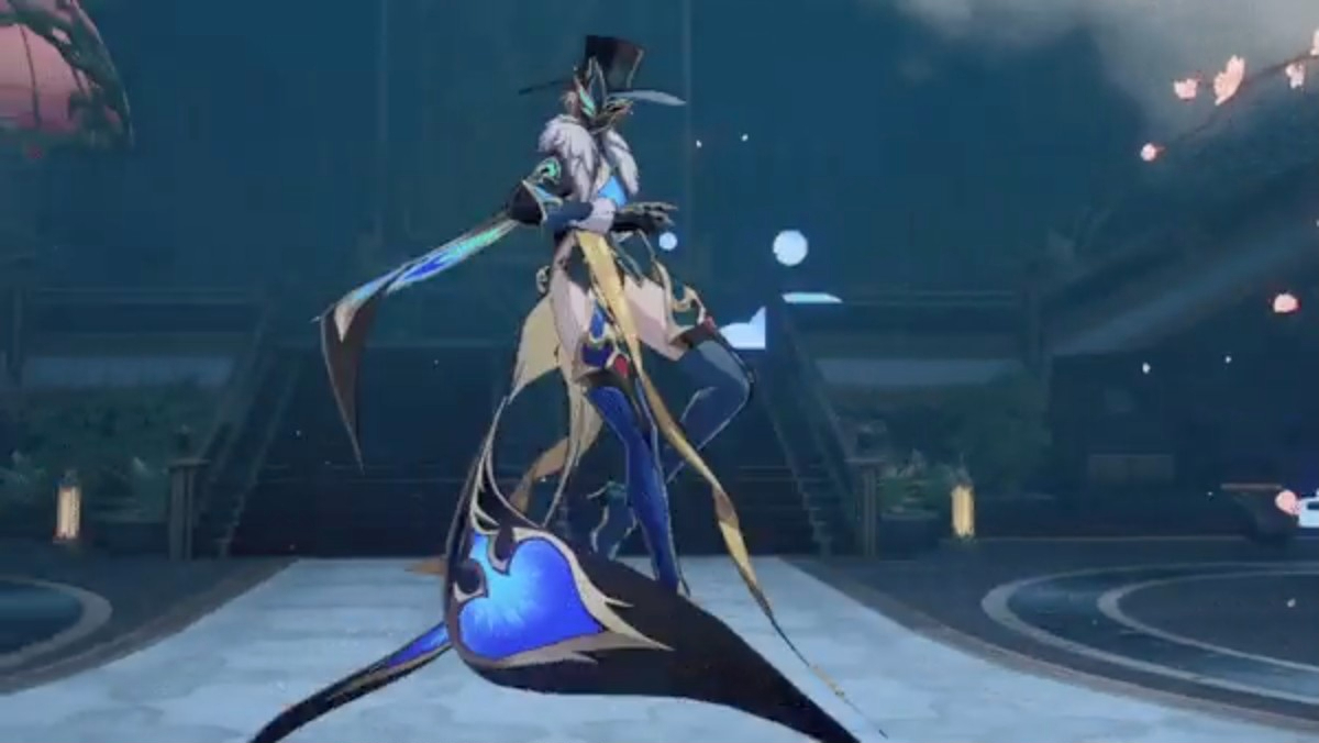 a female anime character with blue, black, and yellow outfit is standing in a video game environment. she is holding a magical staff.