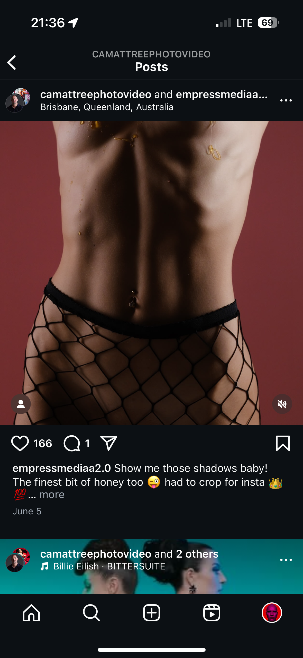 this is a screenshot of an instagram post. the main image shows a woman's torso and abdomen, wearing black fishnet stockings. the caption mentions shadows, honey, and cropping for instagram.  the post is by the accounts "camattreephotovideo" and "empressmediaa2.0" from brisbane, queensland, australia.  there's a secondary image showing what looks like a billie eilish promotional graphic.  the post includes likes, comments, and other instagram features.