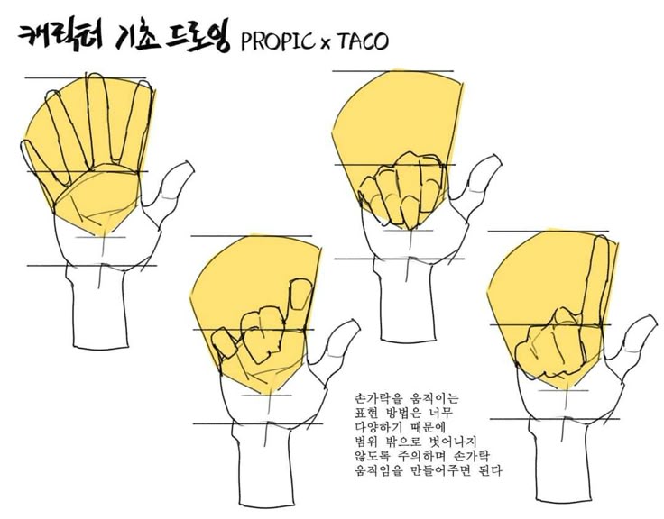 the image shows a tutorial for drawing hands, demonstrating different poses and basic anatomy. it includes sketches of hands with simplified shapes and lines, as well as some handwritten text in korean.