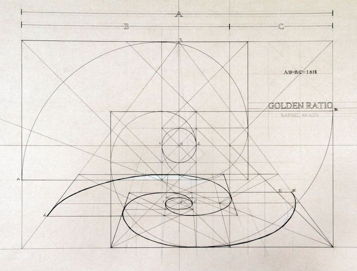 the image displays a drawing illustrating the golden ratio and fibonacci sequence. it features a series of nested squares and corresponding arcs that form a spiral shape. various lines and circles are present, demonstrating the mathematical relationships and proportions involved in creating the golden ratio. the drawing is labeled with "golden ratio" and the ratio "a/bb/c1.618", and there is an author name "rafael araujo". the overall aesthetic resembles a technical blueprint or diagram.