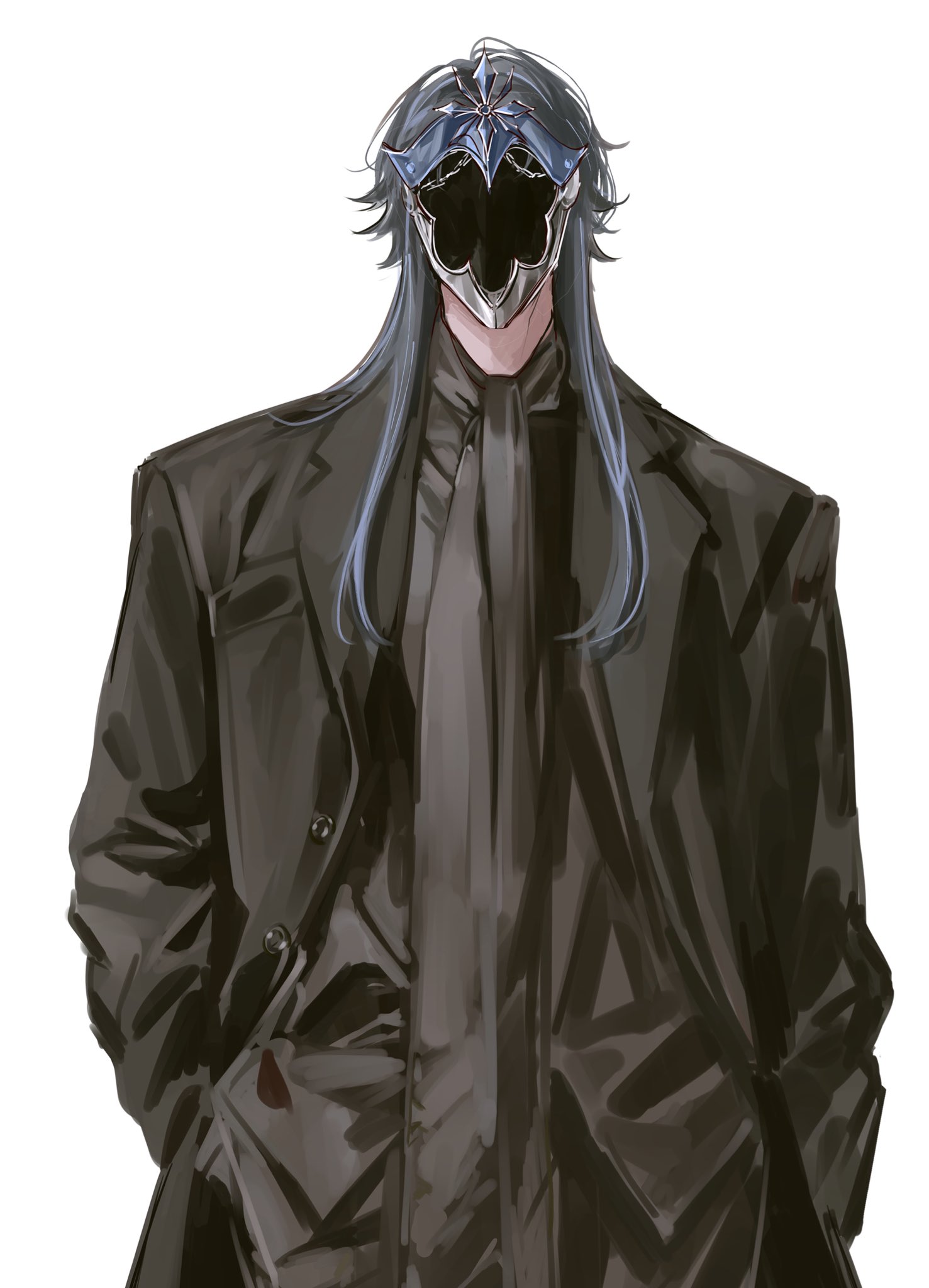 a drawing of an anime male character wearing a black suit with a tie, a black coat, and a silver mask. he has long blue hair. the character is standing in front of a white background.
