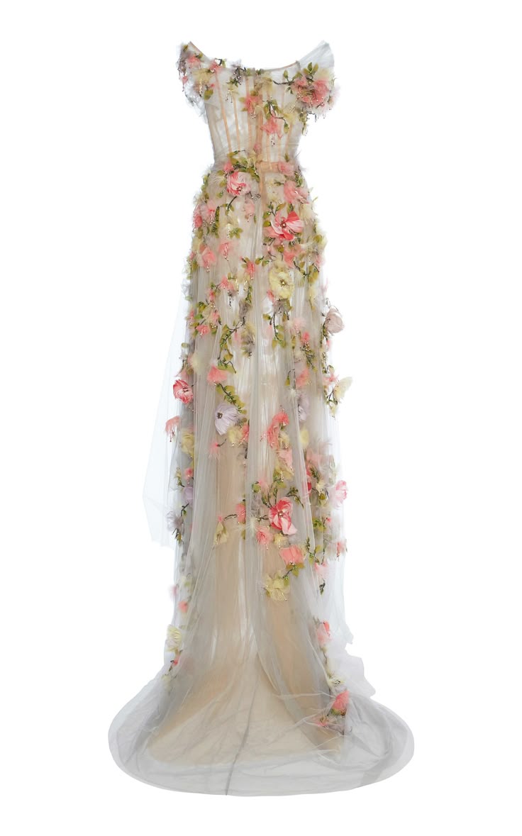 an offtheshoulder gown with a floral pattern.