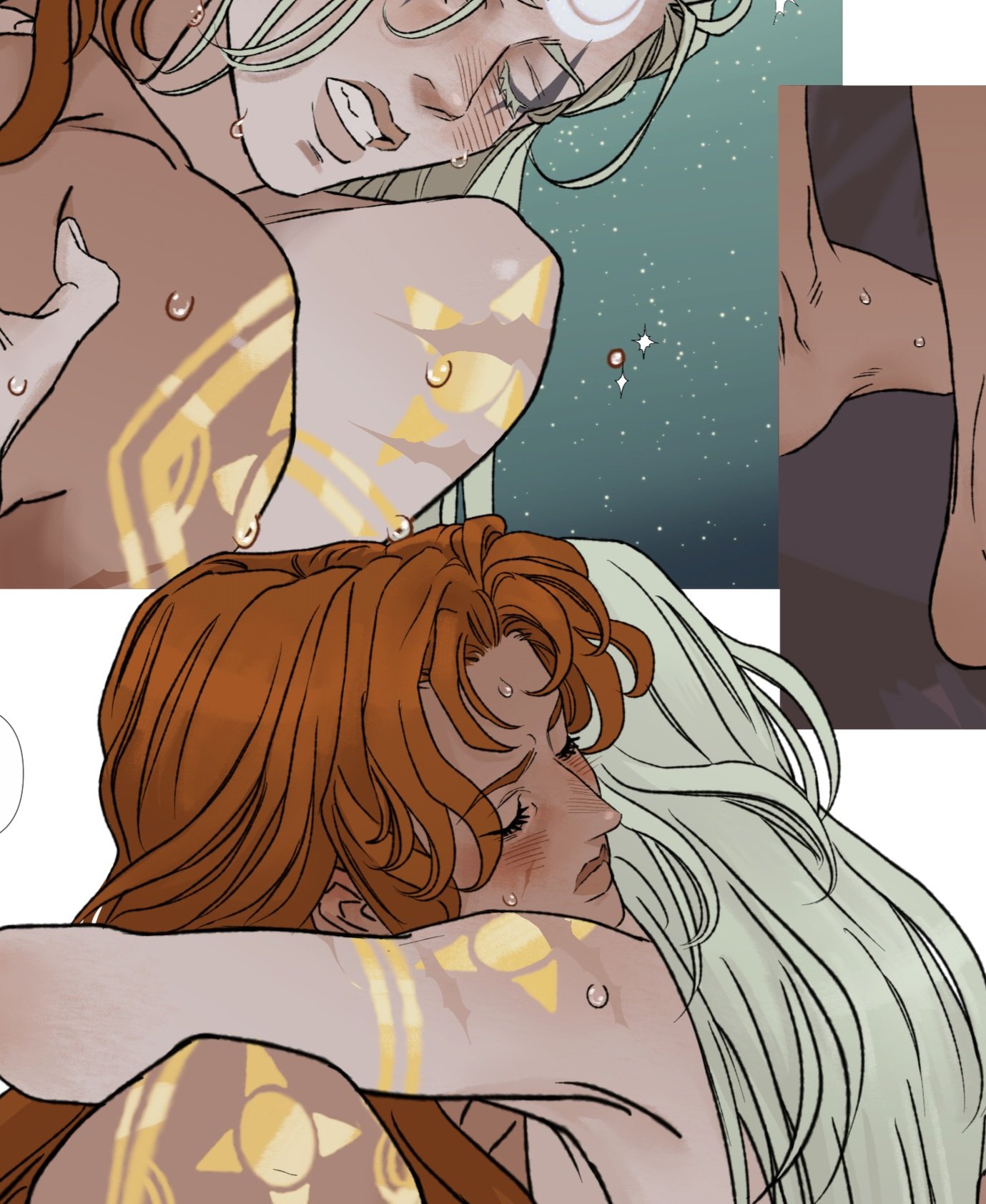 the image shows an illustration of two people in an intimate embrace. the person on top has pale skin and blonde hair, with tears streaming down their face. they have astrological symbols, including a crescent moon and star, drawn or tattooed on their body. the person below them has tan skin and red hair, also appearing emotional and with tears present. they also have astrological symbols on their body. the background hints at a night sky with stars. the overall tone of the image is tender and emotional.