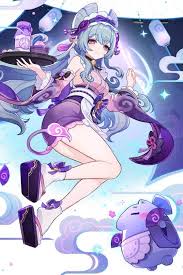 an animestyle image of a girl with light blue hair, wearing a purple and white dress. she is holding a plate with desserts on it. there is a ram on the bottom right of the image, and there are also puffy clouds and stars in the background.