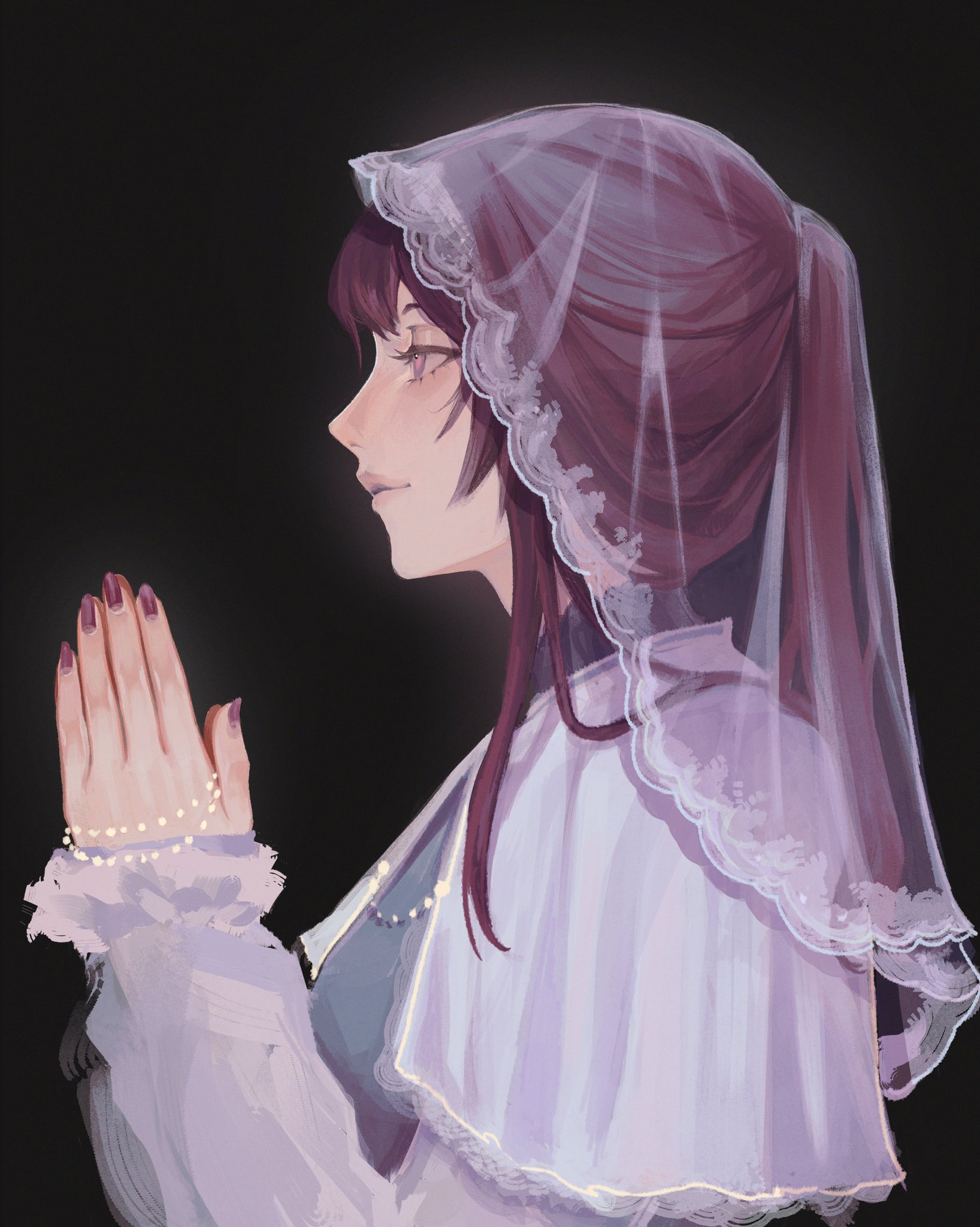 a digital illustration of a young woman with long dark purple hair wearing a white veil with lace trim. the woman is praying with her hands clasped together, while the veil  cascades down her back. the background is dark, highlighting the woman's pale skin and the veil's flowing fabric.