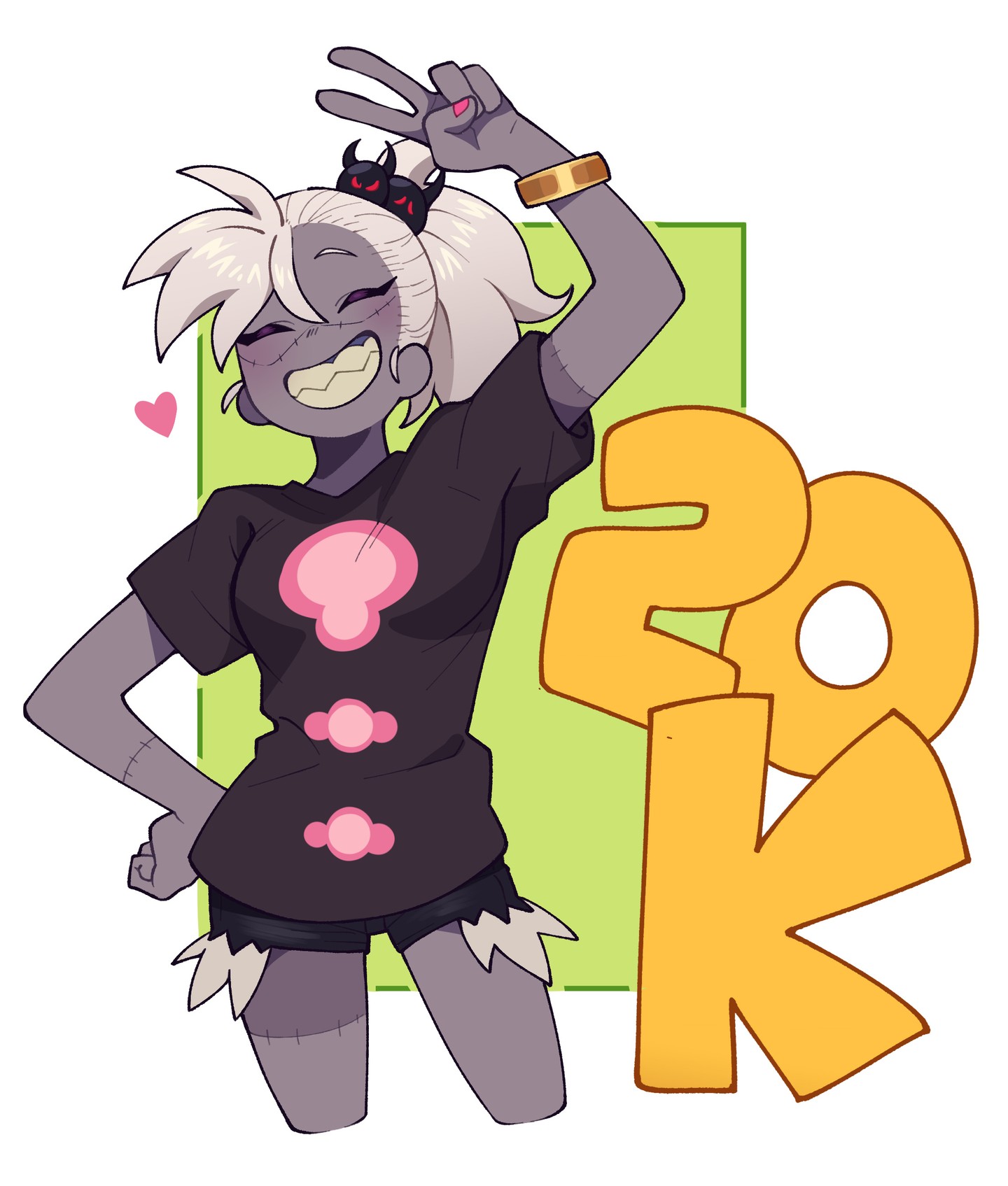 the image is a digital illustration of a cute cartoon zombie girl. she has greypurple skin with stitches, short grey hair with black spiderlike hair clips, and is wearing a darkcolored tshirt with pink designs and dark shorts with frayed edges.  she's making a peace sign with one hand and has a gold bracelet on the other. a large, stylized "20k" in yelloworange is behind her, suggesting a social media milestone or achievement. the background is a pale green rectangle.  the overall style is reminiscent of anime or manga, with bright colors and exaggerated features. a small pink heart is to the left, adding to the cheerful and celebratory atmosphere.