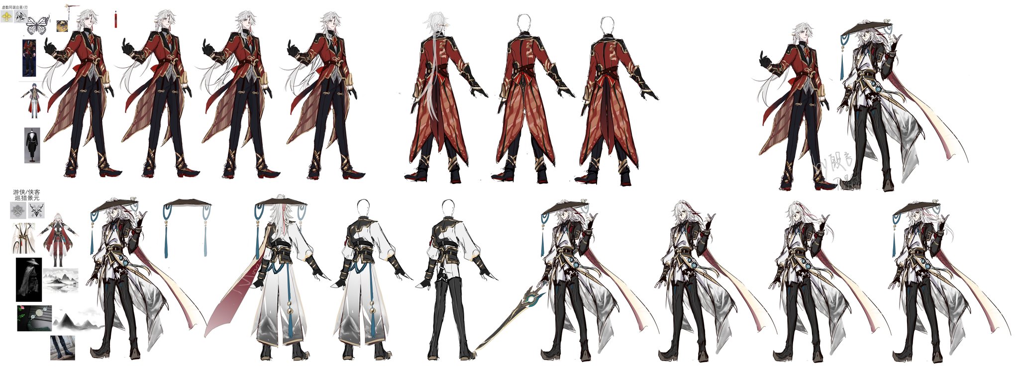 this image is a character design sheet for an anime character. the character is male and has white hair and red eyes. he is shown in various poses, wearing different outfits, with each outfit and pose having a different color scheme. one outfit is red, black, and white. the other outfit is white and black. the character is elegant, stylish, and handsome. he has a hat on his head and looks confident and powerful. the image is welldrawn and detailed.