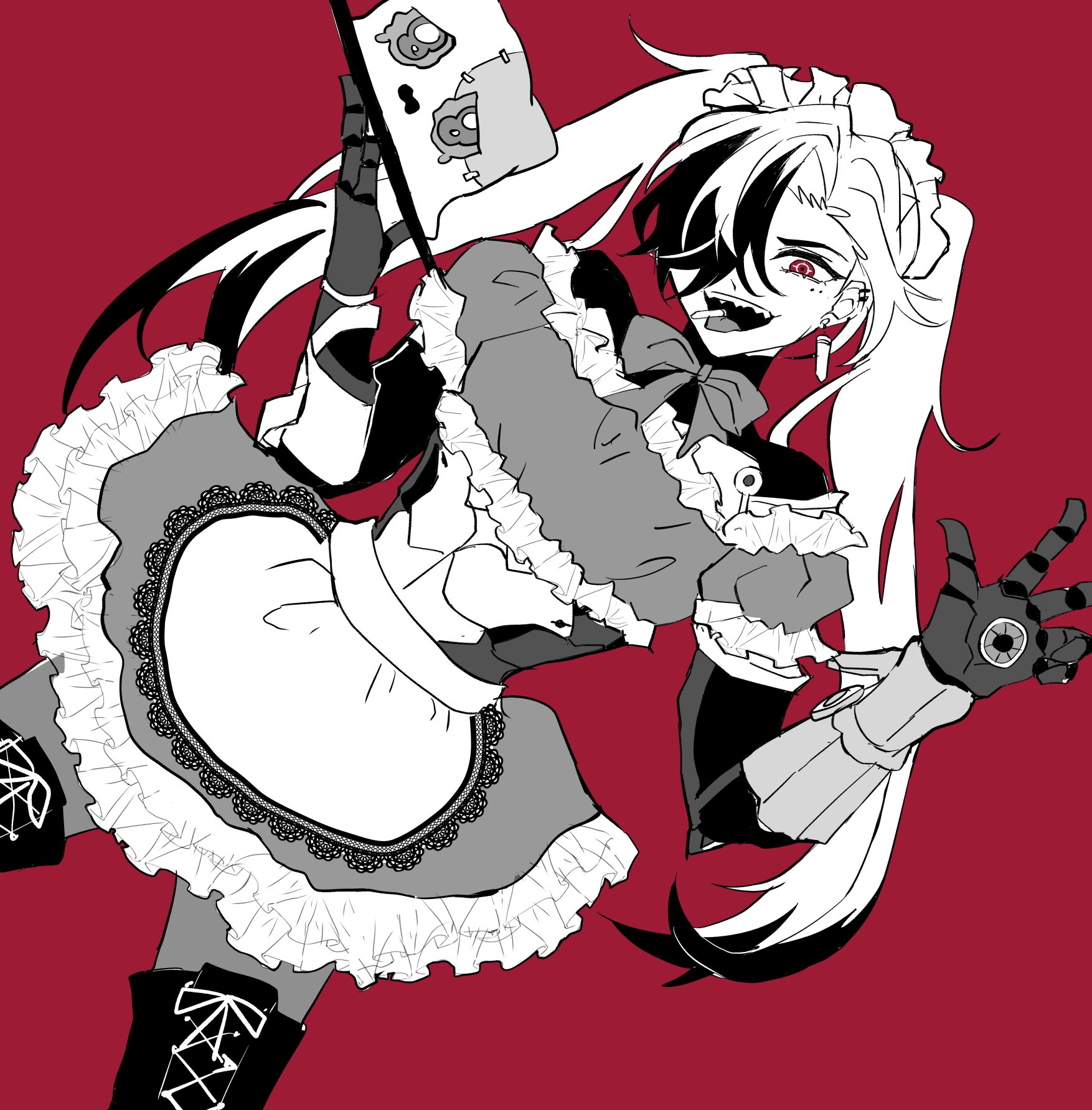 the image is a drawing of an anime girl.  she is dressed in a maid outfit and has white hair with black streaks in it. she has a mechanical arm and is holding a weapon in her hand. the background is red. the girl has a mischievous and playful look on her face.