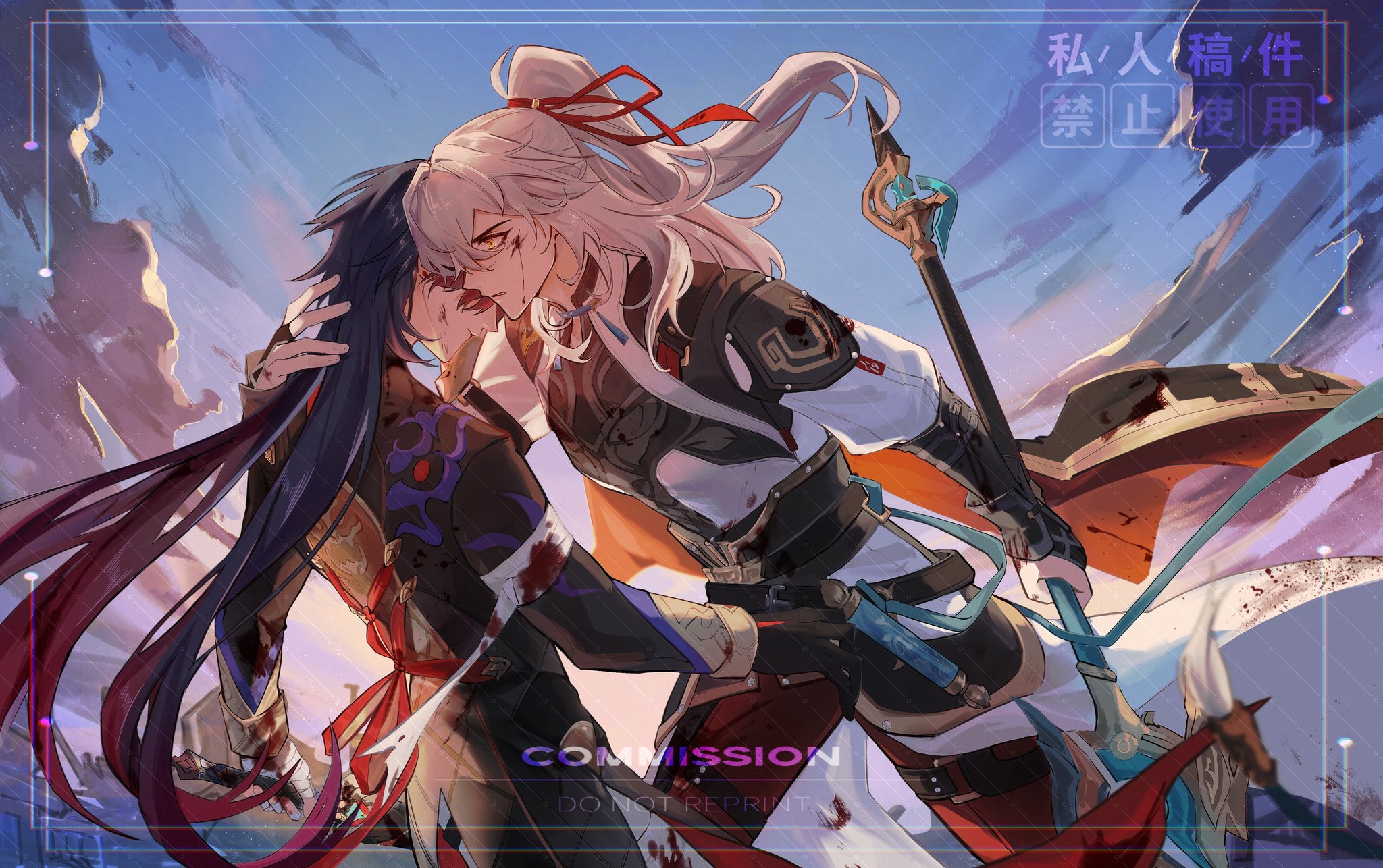 this is an animestyle drawing featuring two characters from the popular game genshin impact, xiao and venti.  both characters are depicted in a passionate embrace, the setting appears to be in the middle of a battle as they have both sustained bloodstained injuries. the image has a strong romantic theme and conveys a strong sense of action and adventure.