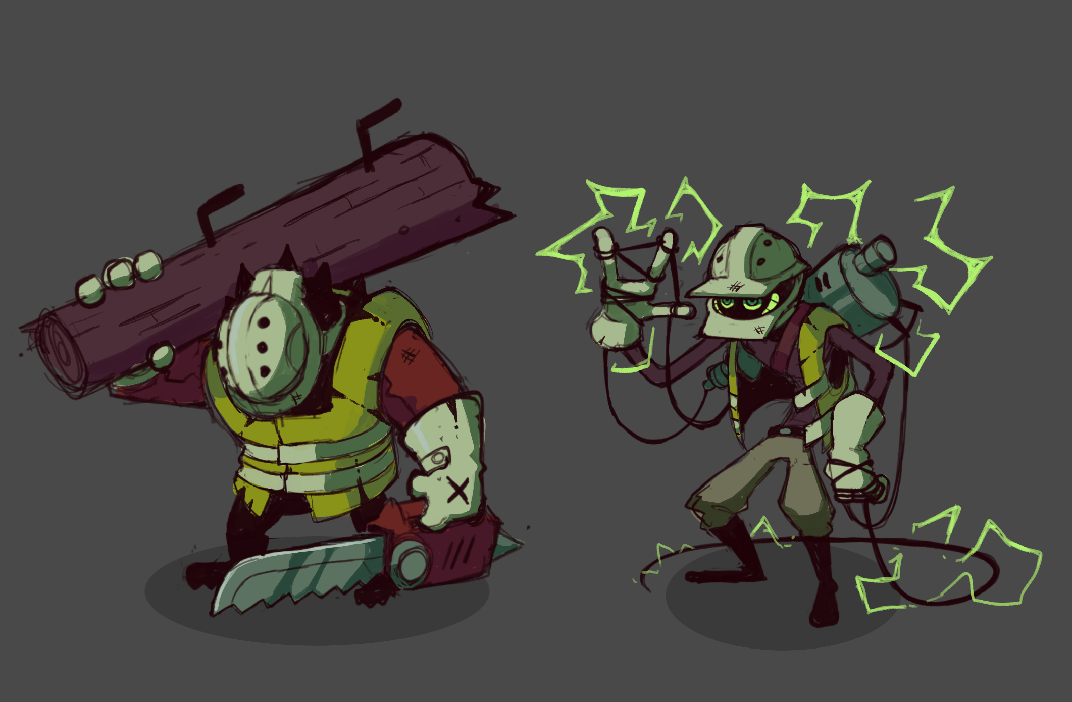 two cartoon characters on a dark grey background. the character on the left is large, has one eye and is holding a log over one shoulder. the character on the right is thin, has one eye and is shooting green electricity out of its hand.