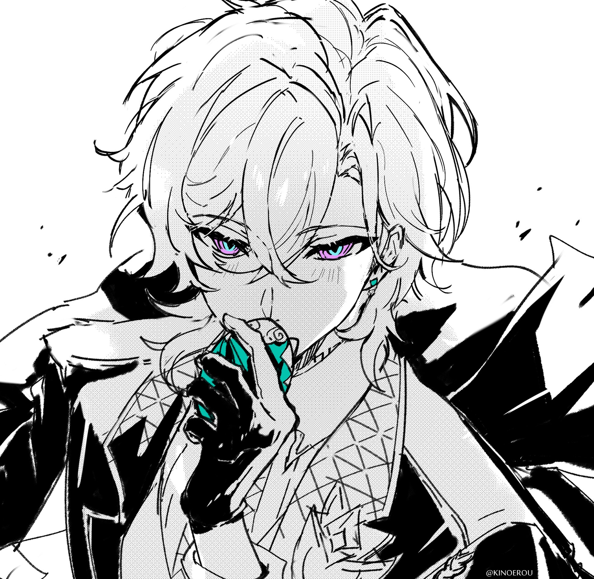 the image is an animestyle drawing of a boy with lightcolored hair. he has vibrant purple eyes and is wearing an earring. the character is holding a jewel, possibly a gem or diamond, up to his mouth. he's wearing a black jacket and a black glove. the image is rendered in black and white, with some areas colorized, like the eyes and the jewel. the drawing is primarily line art.