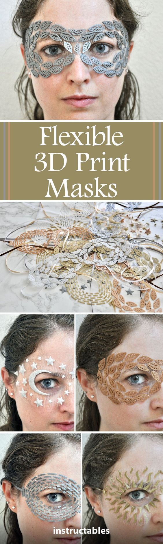 this image shows a set of 3d printed masks that are flexible and intricate. the masks are designed to be worn on the face and they can be used for a variety of purposes, such as cosplay, masquerade, party, and events. the image also includes a title card that says "flexible 3d print masks". the masks are made by using a 3d printer and they can be customized to be any size or shape. they are also very lightweight and comfortable to wear.  the image includes several different designs for the masks, each with its own unique style. the masks are a fun and creative way to express oneself.