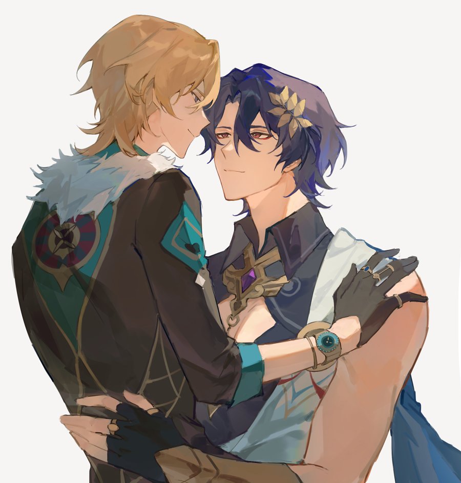 two anime characters are in a close embrace. the character on the left has blonde hair and is wearing a brown and blue jacket with gold accents. the character on the right has dark blue hair and is wearing a white and blue shirt with gold accents. they are looking at each other with loving expressions. the image is drawn in a colorful and detailed anime style.