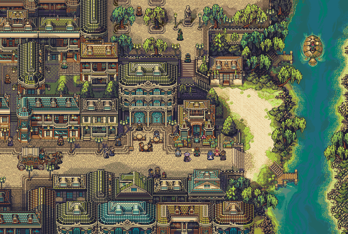 the image is a meticulously crafted piece of pixel art depicting a detailed overhead view of a fictional city or town. the style is reminiscent of classic rpg games. the city is situated along a river, with a variety of buildings ranging in size and architectural style, suggesting a blend of historical and possibly fantastical elements. there are shops, plazas, a parklike area, and even a small dock. several small pixelated characters are scattered throughout the scene, going about their activities. the overall color palette is warm and inviting, creating a sense of depth and atmosphere within the highly detailed pixelated environment.  the level of detail is impressive, showcasing a high level of skill in pixel art creation.