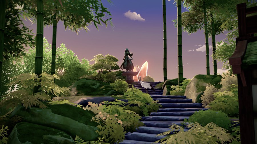 he image is a digital rendering of a serene and mystical japanese garden setting, likely from a video game. the scene features lush bamboo forest, stone steps leading upward, a statue of a robed figure atop a stone platform, and two white crane birds. the colors are warm and inviting, with a beautiful sunset in the background. the overall atmosphere is peaceful and tranquil, suggesting a location of spiritual significance within the game's world. the detailed plants, rocks, and moss contribute to the realistic and immersive quality of the image. the scene's composition and lighting suggest a carefully crafted game environment designed to evoke a sense of calm and wonder.