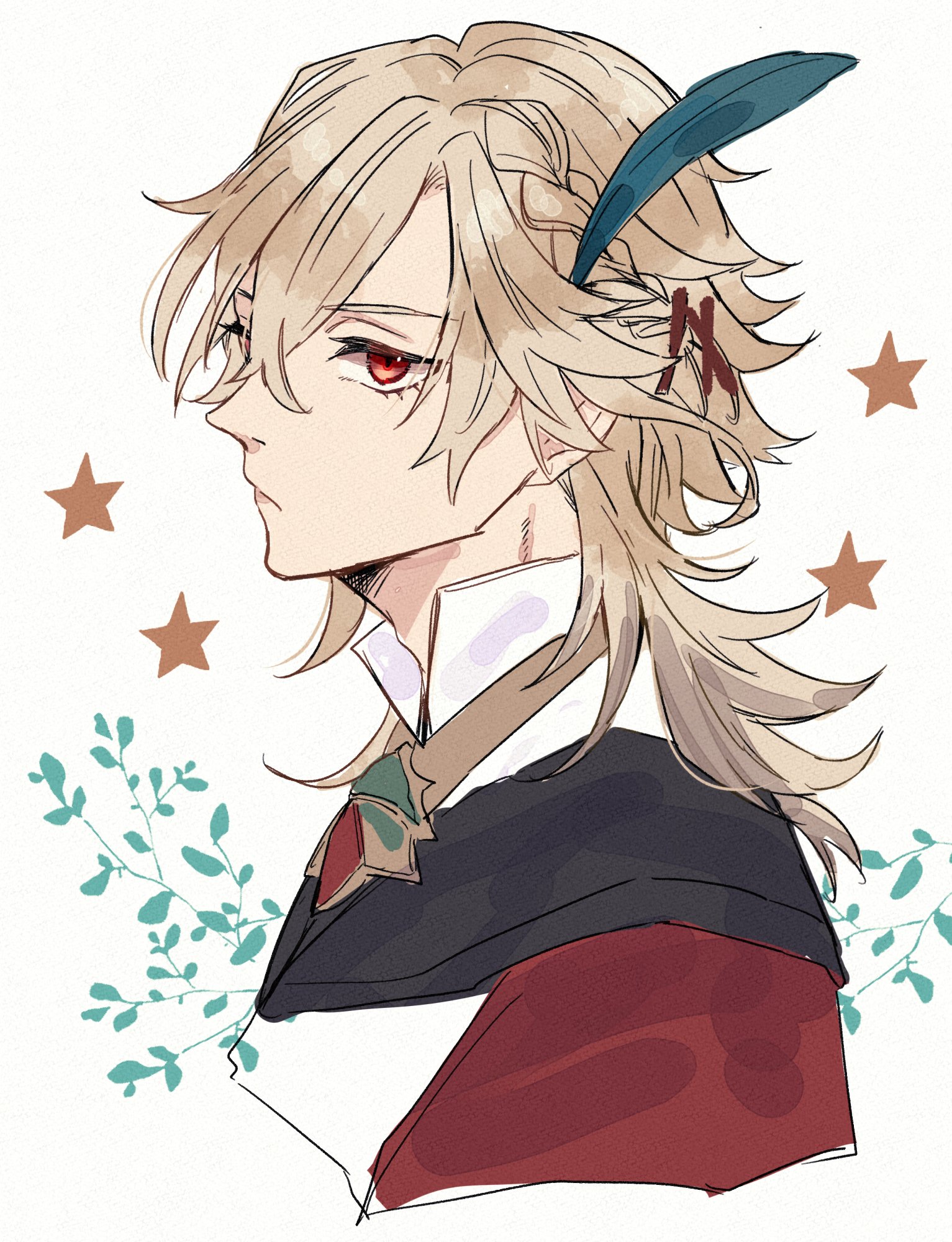 a digital illustration of a young, handsome anime character with long, blonde hair and red eyes. he is wearing a stylish cloak with a red collar and feather earring. he looks serious and has a charming look. the background is filled with stars and a plant in a simple art style.