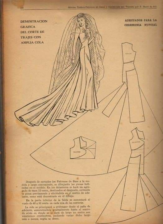 the image shows a vintage fashion illustration from a spanishlanguage sewing or dressmaking publication. it features a sketch of a woman in an elegant, long wedding gown with a train and veil, along with pattern diagrams and text instructions. the text provides guidance on cutting the dress, adding draping, adjusting the skirt, and creating the train. the page is aged and the text is in spanish, indicating that it is an old patternmaking guide.