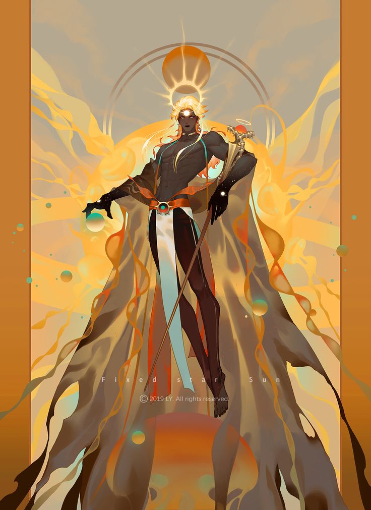he image is a digital painting of a male figure who appears to be a sun god or celestial being. he is depicted with long blond hair, dark skin, and a golden halo. he wears a flowing robe in shades of gold and brown, and carries a long staff. the background is an abstract depiction of space or a celestial realm, with swirling colors and glowing orbs. the overall style is fantasy art, with an elegant and majestic feel. the figure's pose and expression convey power and authority. the artist's signature is visible at the bottom.