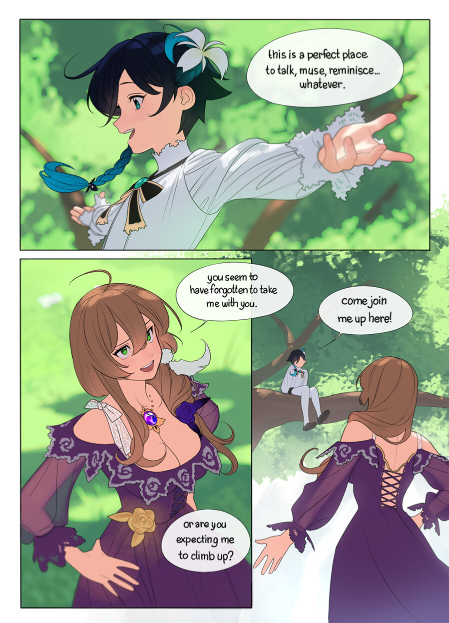 the image portrays two women in a serene forest setting. one woman, dressed in a flowing white top and teal accents, perches gracefully on a thick tree branch, her hand outstretched in invitation. below, a woman with rich brown hair and an elaborate purple gown gazes up with a playfully skeptical expression.  high above them, nearly camouflaged by the leaves, sits a third figure. the scene evokes a sense of peaceful camaraderie and hinted intimacy against the backdrop of a vibrant natural world.