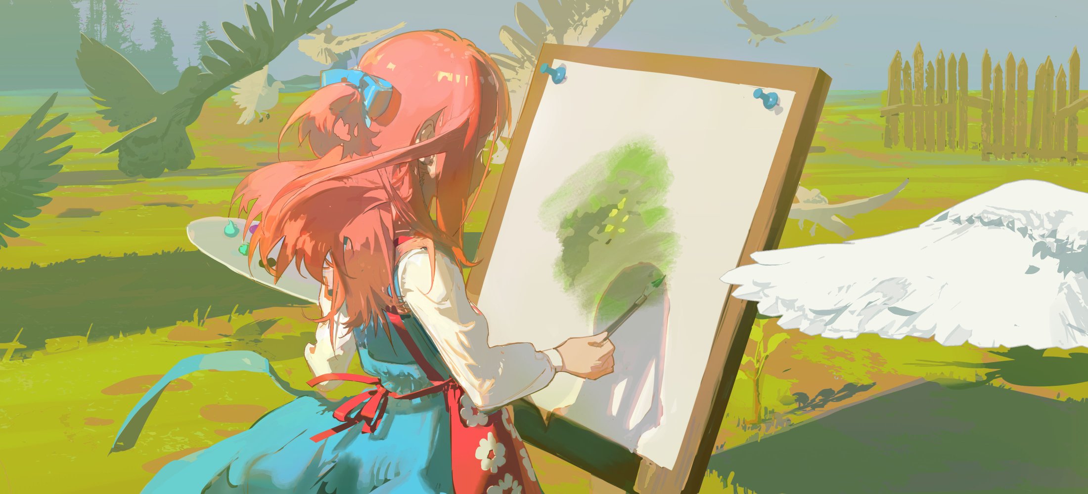 a young anime girl with long pink hair is painting on a canvas. she is standing in a field with her easel set up. there are birds flying overhead and a large white wing in the background. the scene is bright and whimsical, with a fantastical feel. the girl's outfit and the surrounding environment are richly colored, emphasizing the vibrant nature of the scene.