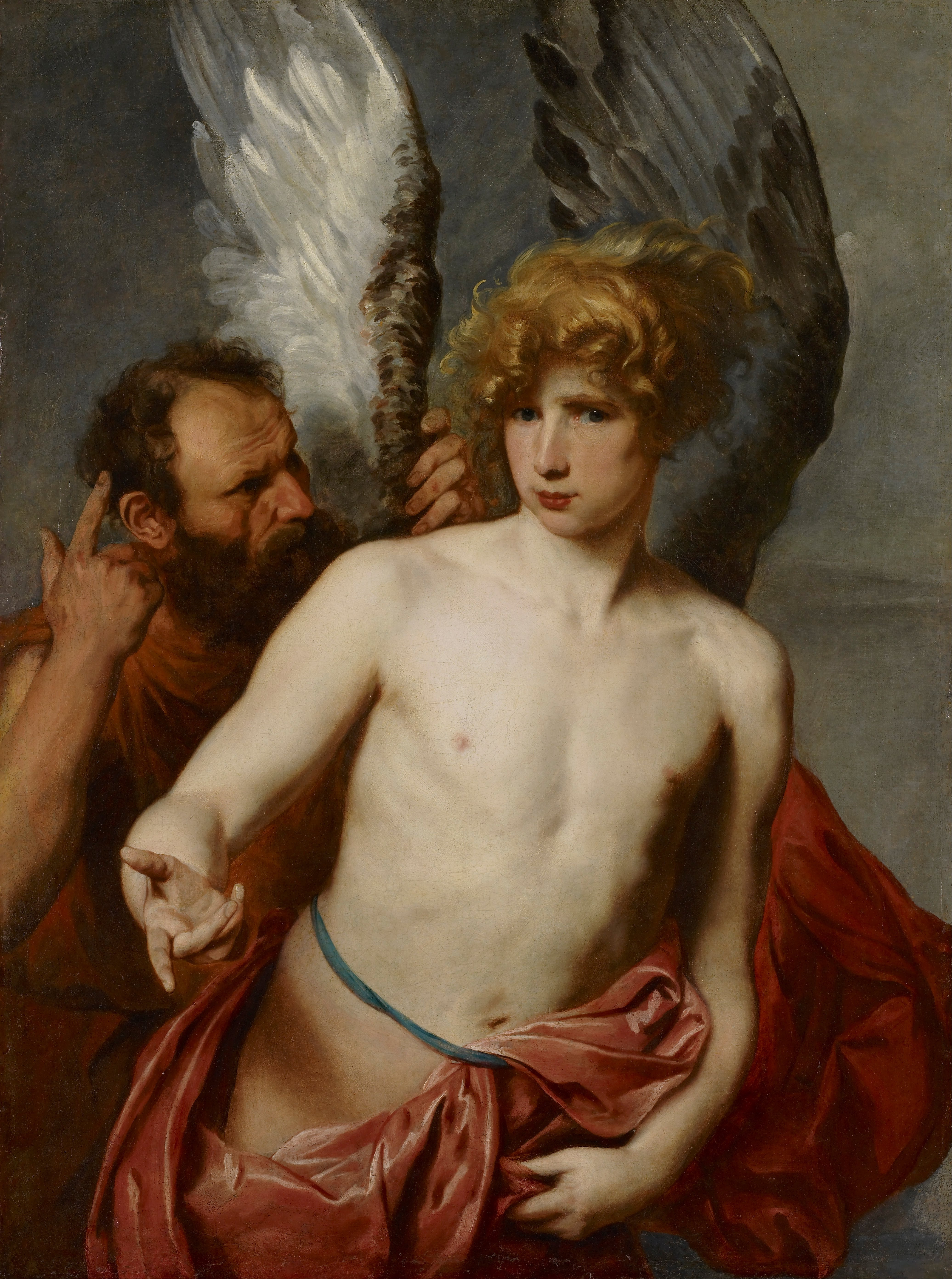 the image is a painting depicting an angel with white and grey wings, standing next to a man. the angel is barechested and draped with a red cloth secured by a blue string around his waist. the man behind the angel is pointing to his head with his right index finger. the painting is done in a baroque style, reminiscent of peter paul rubens. the scene appears to depict a mythological or biblical narrative, possibly of a fatherson dynamic.