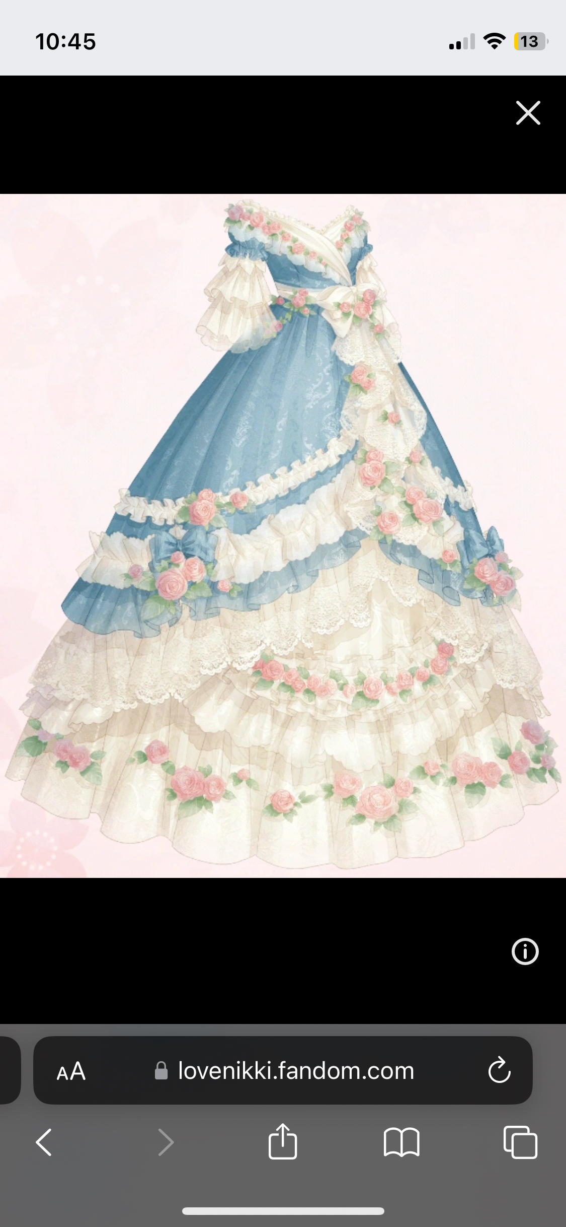 a digital illustration of a light blue dress with a vneckline and floral embellishments. the skirt is a tiered, ruffled design.