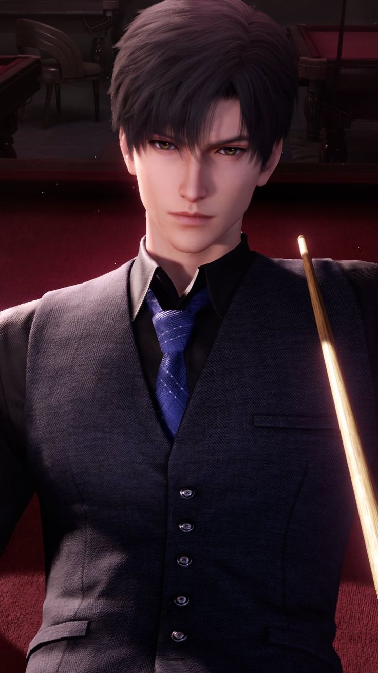 a young, handsome man with dark hair, dressed in a stylish black suit and a blue tie. he's looking directly at the camera with a serious expression, holding a pool cue stick in his hand. the background is blurry, suggesting a dimly lit billiard room or club setting. the image conveys a sense of sophistication and elegance, perhaps highlighting the man's confidence and skill in the game of pool.