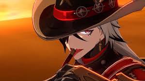 the image is a closeup, stylized portrait of goldlewis dickinson from the video game guilty gear strive. he is depicted in his signature cowboy hat with red accents and dark clothing.  he has long, gray hair and red eyes, and a serious expression. he appears to be holding or smoking a cigar.  the background is a blurry orange sunset, creating a dramatic contrast with his dark attire. the overall style is animeinspired and emphasizes his imposing presence.