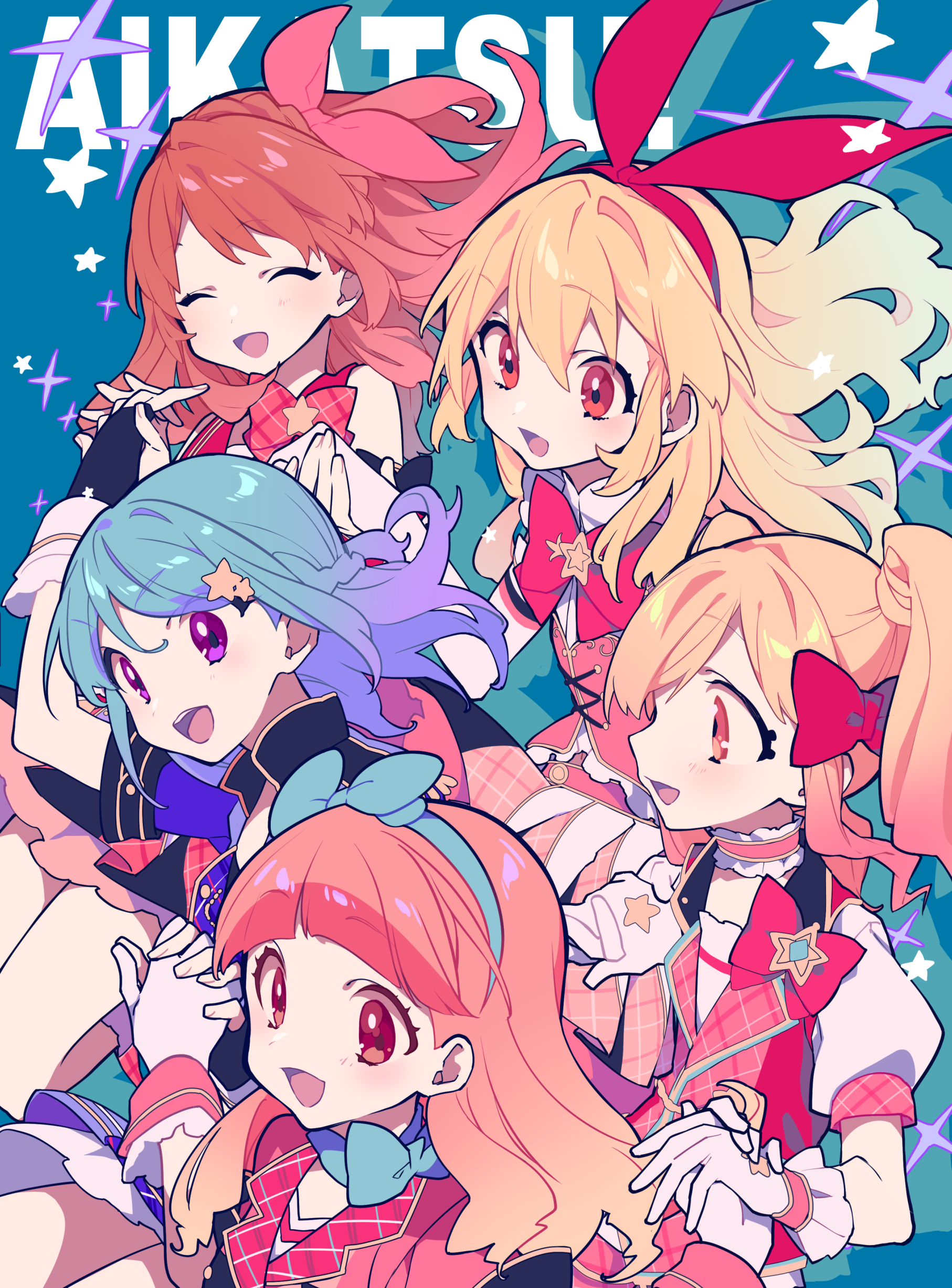 the image features an animestyle illustration of five young female characters, likely an idol group called "aikatsu!", set against a teal background dotted with stars. each character has distinctive hair color and style  including red, pink, blonde and blue  and is dressed in a matching ensemble with star details. they are smiling and appear to be posing together.