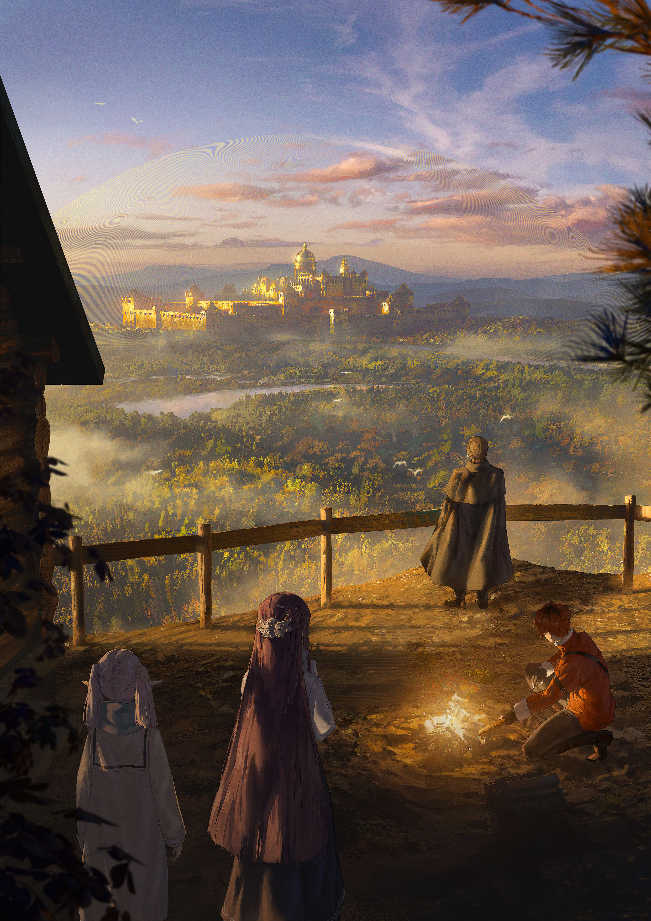 he artwork depicts a breathtaking fantasy landscape. in the distance, a grand, golden city with numerous spires and buildings stands majestically, nestled in a valley. the city appears to be surrounded by a lush forest, with a river or body of water visible. in the foreground, a group of four individuals—two women, a man, and a child—are gathered near a small campfire on a hilltop. a wooden fence surrounds the area. the scene is bathed in the warm glow of the setting sun or rising sun, creating a peaceful and somewhat magical atmosphere. the overall style suggests a fantasy setting, perhaps from a novel or game. the level of detail in the scenery and the characters is impressive, with attention to light, shadow, and color to convey depth and mood.