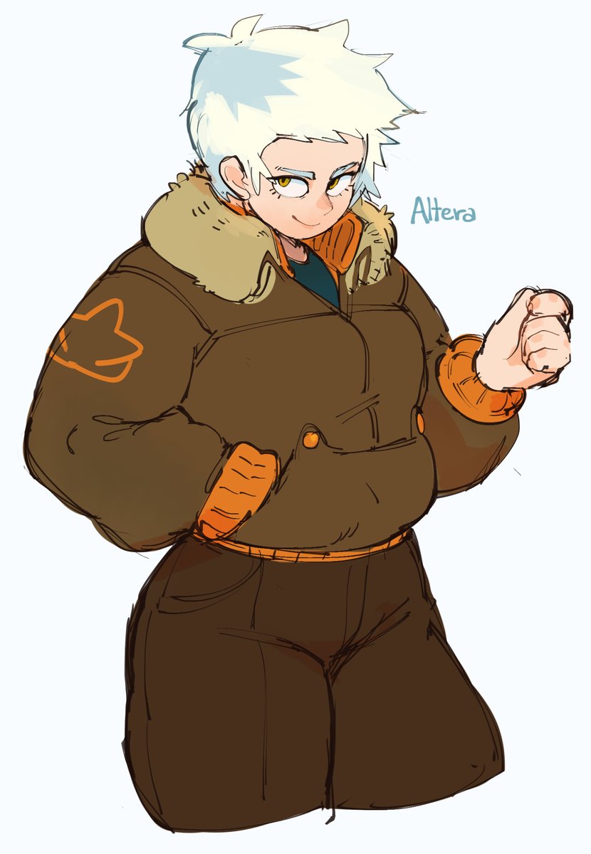 a digital drawing of a woman with white hair, wearing a brown bomber jacket with an orange trim and brown pants. she's looking to the side, smiling, and has her right hand up. the art is a rough sketch with visible pencil lines and shading. the word "altera" is written in the upper right corner of the image.