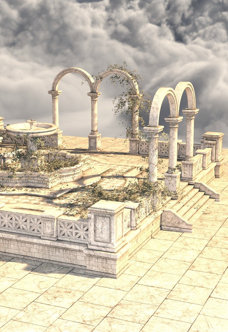 an image depicts ancient, weathered stone ruins with arches and columns against a backdrop of cloudy skies. a fountain sits amidst the ruins, which are overgrown with plants. the scene includes steps leading to different levels, suggesting a once grand garden or architectural structure.