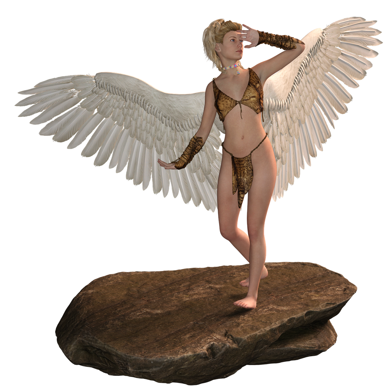 a fantasy image of a blonde woman with large white wings, dressed in a loincloth, bracelets, and a necklace, standing on a rock while shielding her eyes with her hand as if looking into the distance. the background is black.