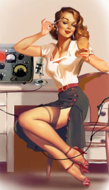 a pinup girl is shown wearing a white blouse and a black skirt. she is holding a small mirror in her right hand and  is applying lipstick. the girl has a sultry look on her face, and her  hair is  long and curled. she is sitting on a chair with one leg bent. behind her is a vintage radio and some equipment.