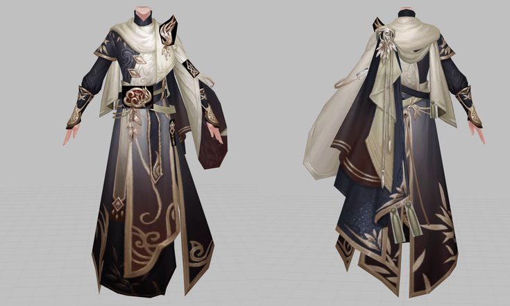 an illustration of a traditional chinese robe, the design is intricate and elegant. the image shows the front and back of the garment, with a detailed depiction of the fabric and embroidery. the color scheme is dark, with gold accents. the robe is clearly inspired by traditional chinese fashion and is wellsuited for a character in a fantasy or historical setting.