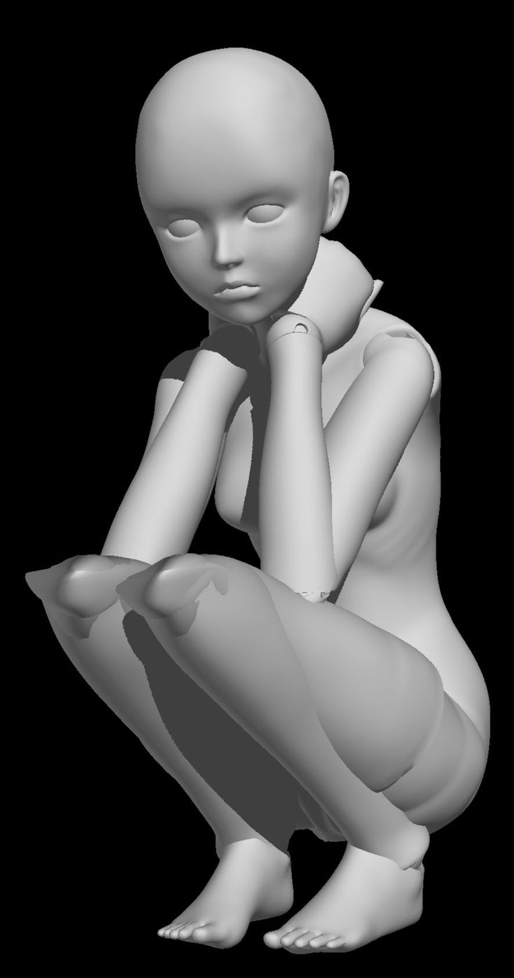 a white doll figurine sitting with its chin resting on its hands. the doll has short hair and is wearing a simple white dress. the doll is rendered in 3d, giving it a realistic appearance. the background is black.