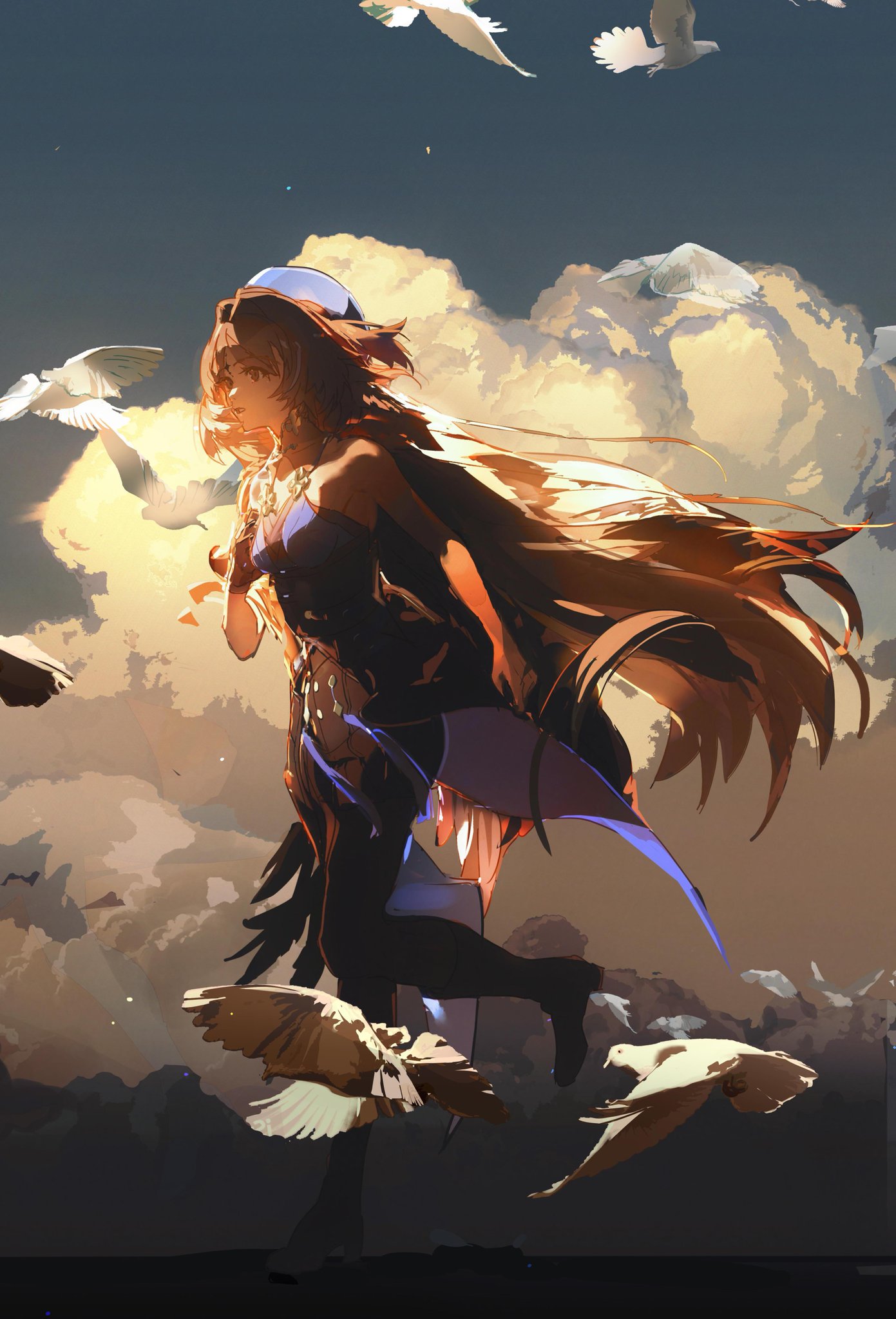 the image depicts a young woman with long flowing brown hair, wearing a blue and purple fantasy outfit, seemingly flying through a sunset sky filled with white birds. the lighting is warm and golden, casting a glow around her and the clouds. the perspective is from a low angle, emphasizing the feeling of upward movement and freedom.