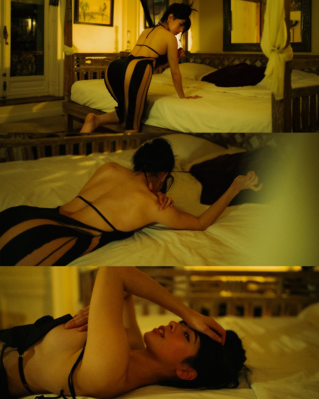 the image shows a woman in various poses on a bed. in the top frame, she's kneeling on a bed in a black and tan striped outfit with her hands on the bed. the middle frame shows her lying on her stomach with a black dress or swimwear with thin straps. the bottom frame shows a closeup of her lying on her back, looking up with her hand on her head. she has black hair. the setting appears to be a bedroom, and the overall tone of the images is boudoir or erotic.
