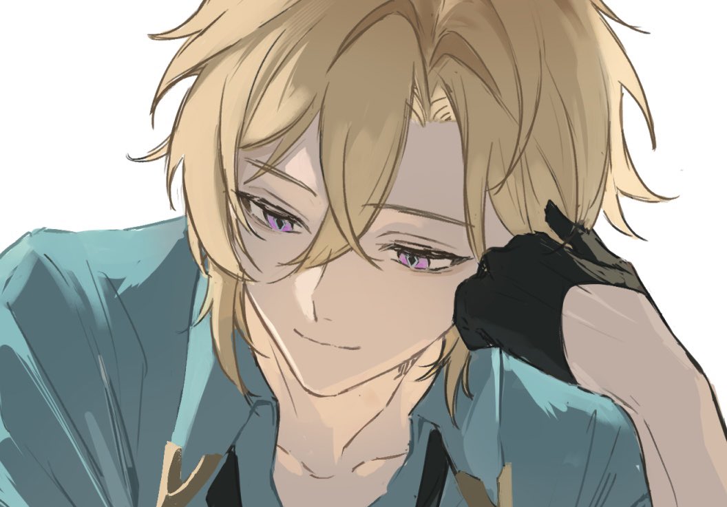 the image is a digital fanart depicting a young animestyle male character. he has long, light blonde hair, and striking purple eyes. his expression is soft and slightly pensive, almost melancholic. he's wearing a tealcolored collared shirt, and a dark glove is visible on his shoulder, suggesting the presence of another person. the art style is soft and painterly, with a focus on capturing a gentle mood and subtle details in the character's facial features and hair.  the background is plain white, directing attention to the character. the overall impression is one of quiet contemplation or gentle sadness.