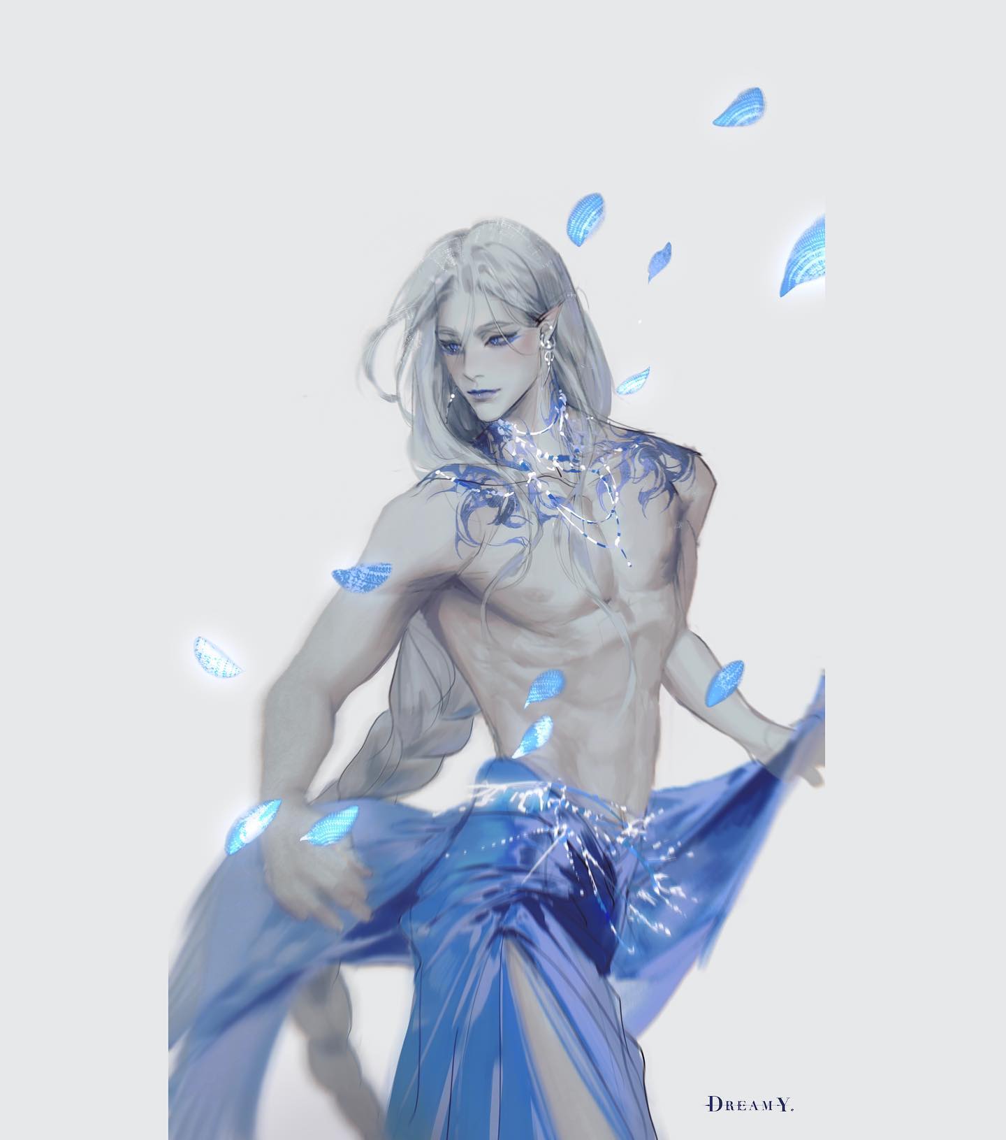 the image depicts a graceful, ethereal male elf with flowing white hair and piercing blue eyes. he is shirtless, showcasing intricate blue tattoos across his chest and arm. he wears a delicate silver choker and a flowing, translucent blue garment that billows around him, mimicking the movement of the scattered blue petals in the air. the lighting is soft and dreamlike, contributing to the overall ethereal atmosphere of the image.