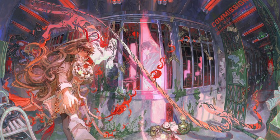 the image is an animestyle artwork depicting a young woman in a bright red and orange outfit. she is holding a tigershaped weapon, with a tiger's head design on her arm. the scene is set in a futuristic building with neon lights and a dark, shadowy hallway with glowing windows and doors. the image is abstract and colorful with intricate details throughout.