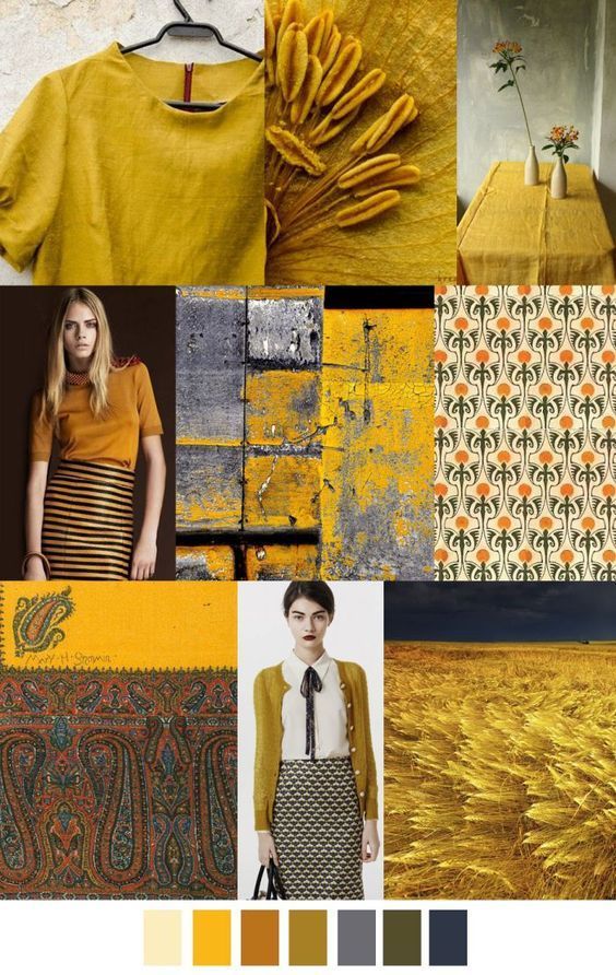the image is a color palette mood board featuring various shades of yellow, gold, mustard, grey, olive green, and navy blue. it includes images of clothing items like shirts, dresses, cardigans, and skirts in these colors, as well as patterns such as floral and paisley designs. there are also textural elements like a field of wheat, flowers, a table setting, and an abstract wall. images of models wearing outfits in the color scheme are included. the overall impression is a cohesive and stylish design inspiration board.