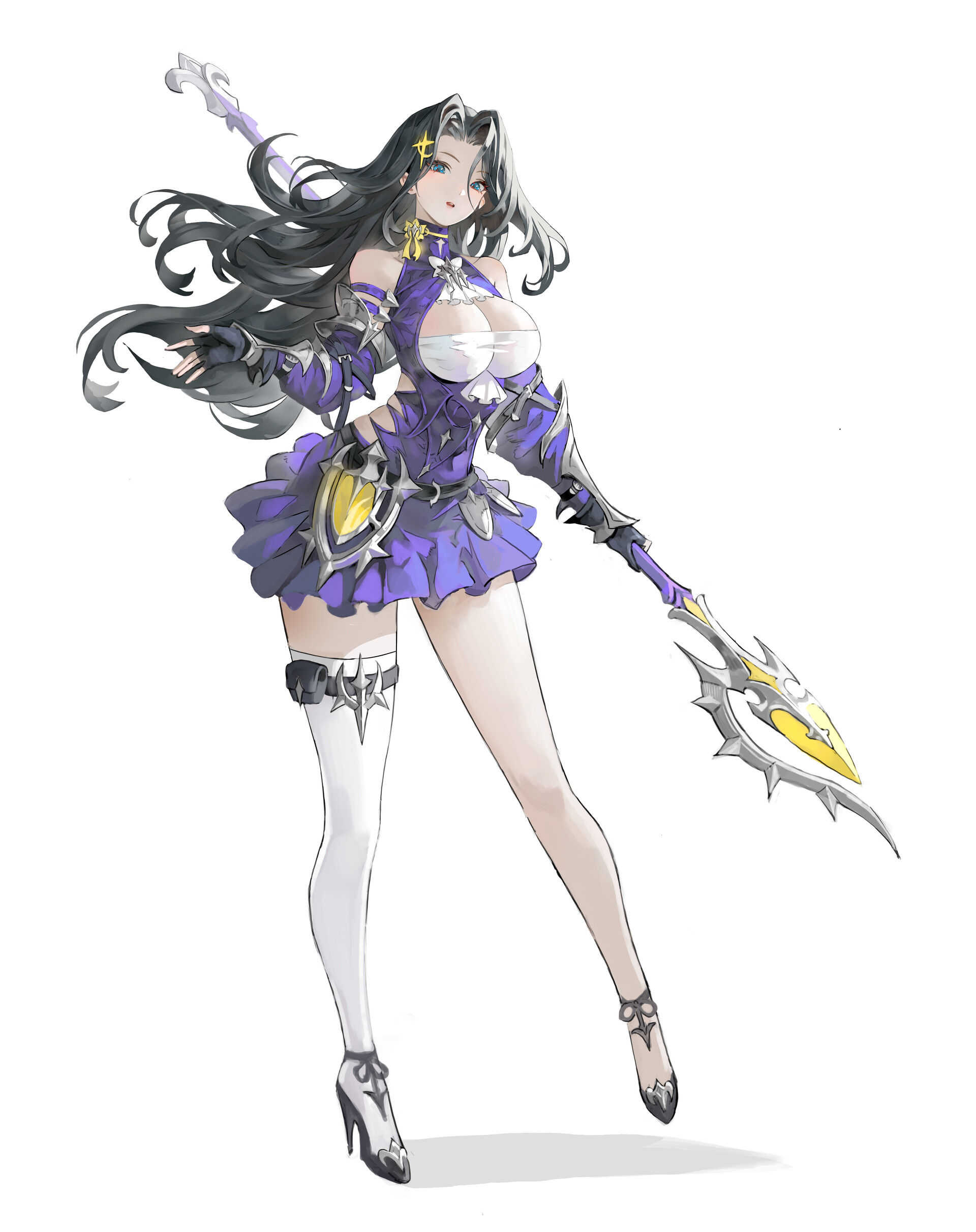 a fullbody illustration of an anime girl with long black hair and blue eyes. she is wearing a purple dress, high heels, and one white stocking. she is holding a weapon. the overall style of the image is fantasythemed.
