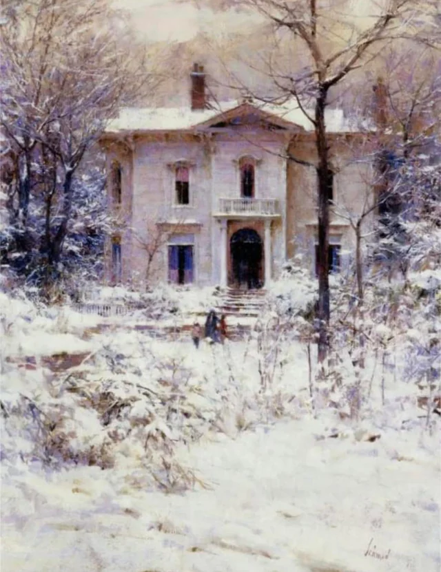 a snowy landscape painting of a grand house with a group of people walking towards it. the house is white with a large porch and columns, and is surrounded by snowcovered trees. the ground is covered in white snow, and the sky is a light gray. there are three people walking towards the house, with their backs to the viewer. the overall atmosphere is one of peace and tranquility.