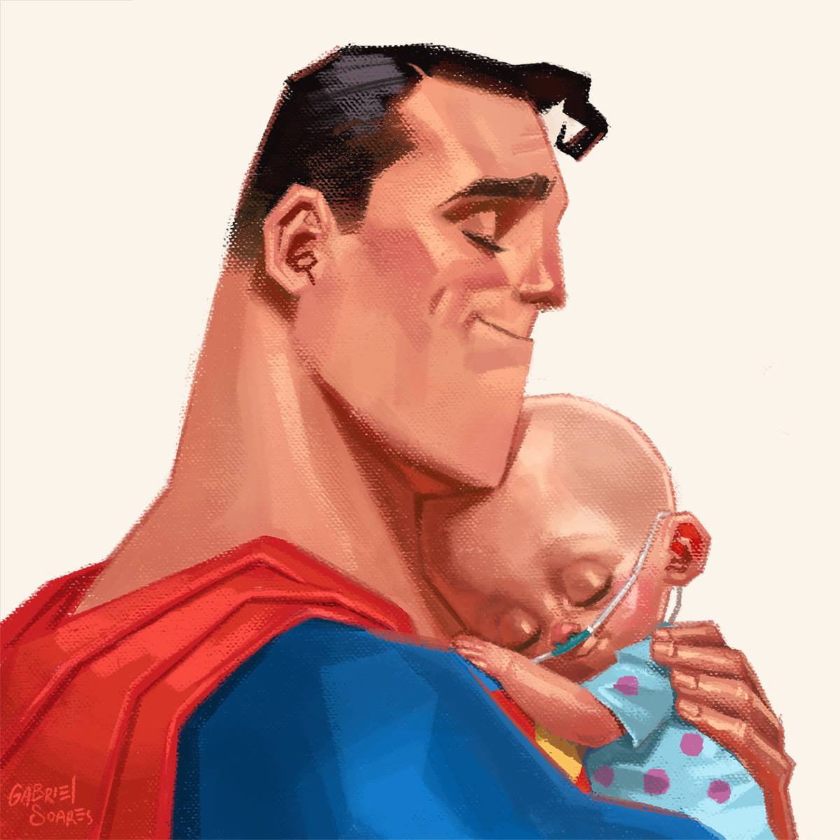 the image depicts superman holding a bald baby in his arms. the baby has a tube in their nose, suggesting illness or medical treatment, possibly cancer. superman has his eyes closed and a gentle smile, conveying tenderness and care. the artwork is signed by gabriel soares and appears to be a digital painting.