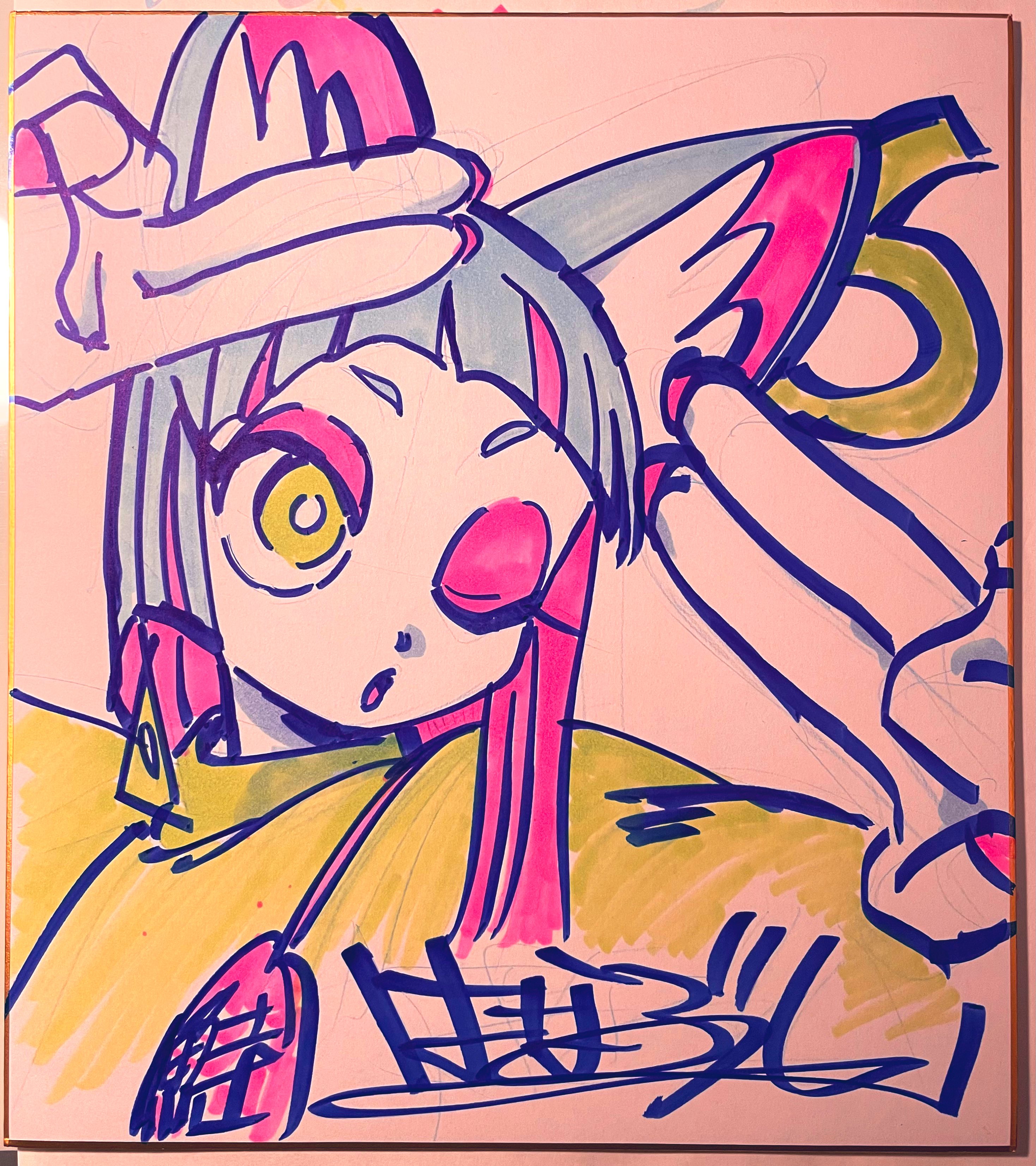 a vibrant marker drawing of a stylized anime girl with large eyes and colorful hair, striking a playful pose with a peace sign. the drawing features a signature at the bottom and exhibits a dynamic, expressive style.