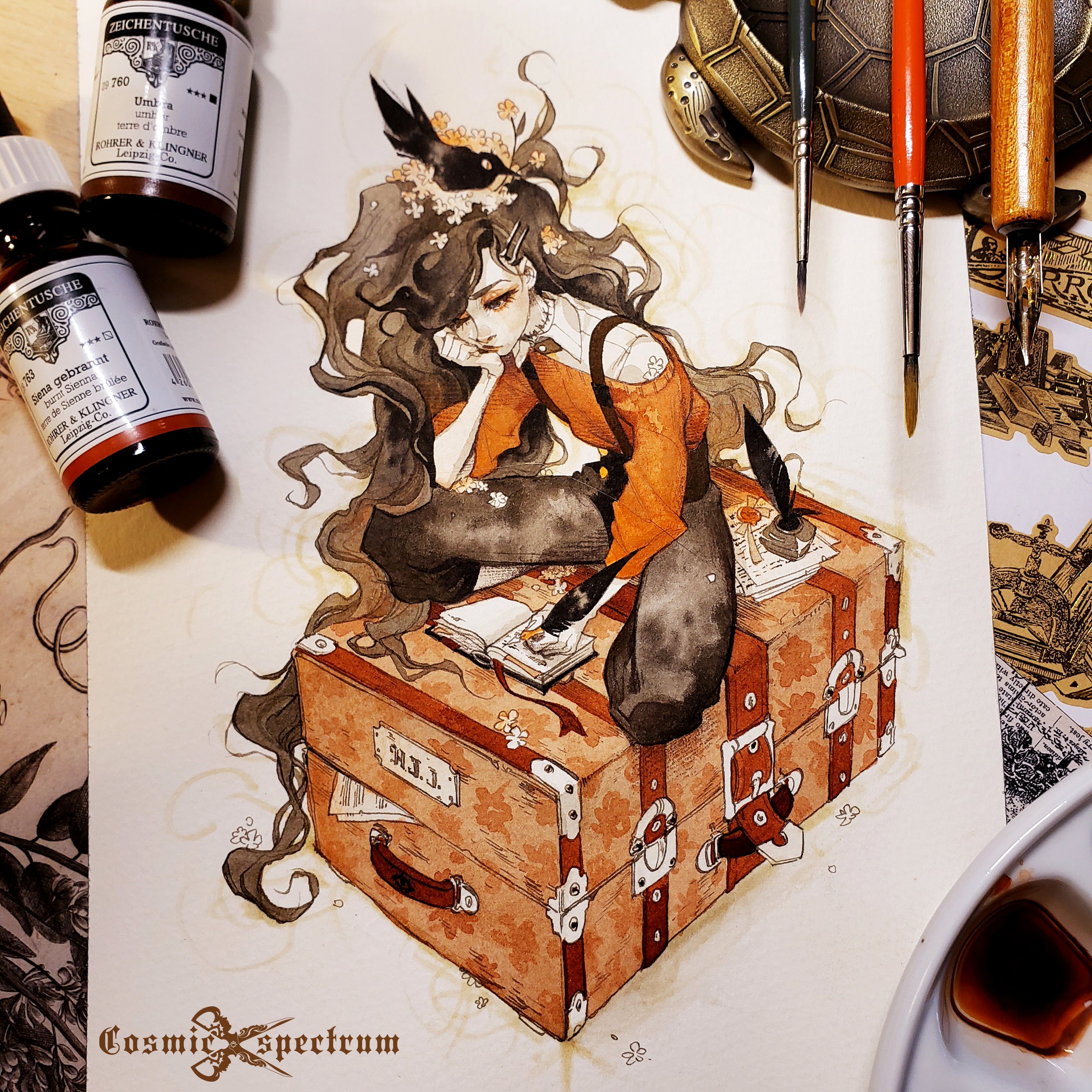 the image is a watercolor and/or digital painting of a young woman with long dark hair adorned with flowers and a small bird perched on her head. she is seated on an antique, brown suitcase which is covered in floral patterns.  open on the suitcase is a notebook and an inkwell with quill pen. the overall style is whimsical and romantic, with a slightly gothic or autumnal feel due to the color palette.  the artist's signature, "cosmic spectrum," is visible in the lower left corner.  various bottles of what appear to be sepia inks are also visible in the image, suggesting the process of creating the artwork.  the background includes paint brushes and other artistic tools.